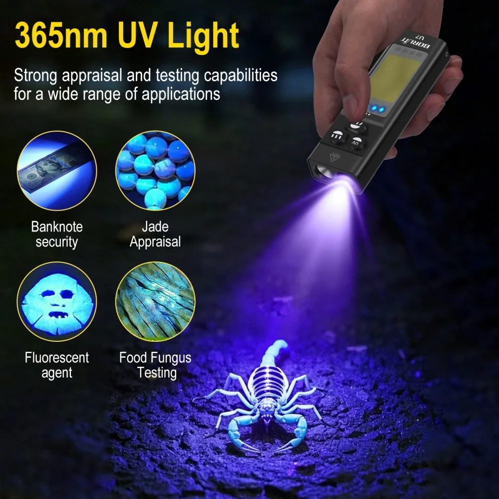 BORUiT U7 UV LED EDC linterna  - Outdoor Hunting Lights reseña y precio